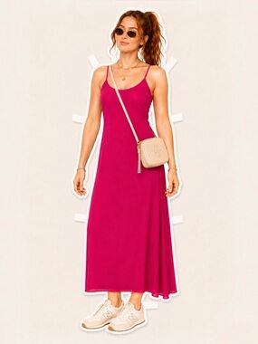 Y2K Fuchsia Pink Slip Maxi Dress Sheer Chiffon Godet Panel Spaghetti Strap